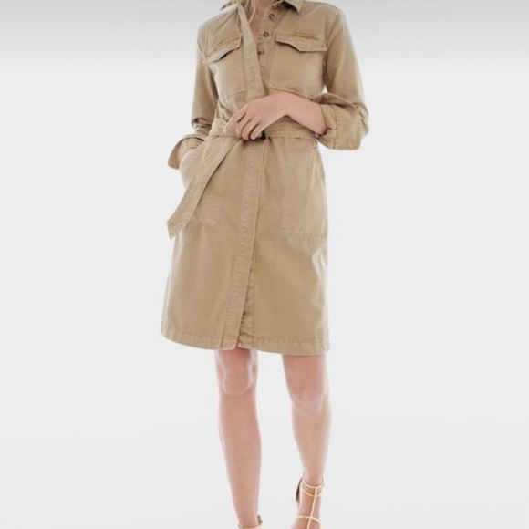 J Crew -Khaki Beige Safari 100% Cotton Button up Long Sleeve Shirt Dress, Size 8 - Picture 1 of 6